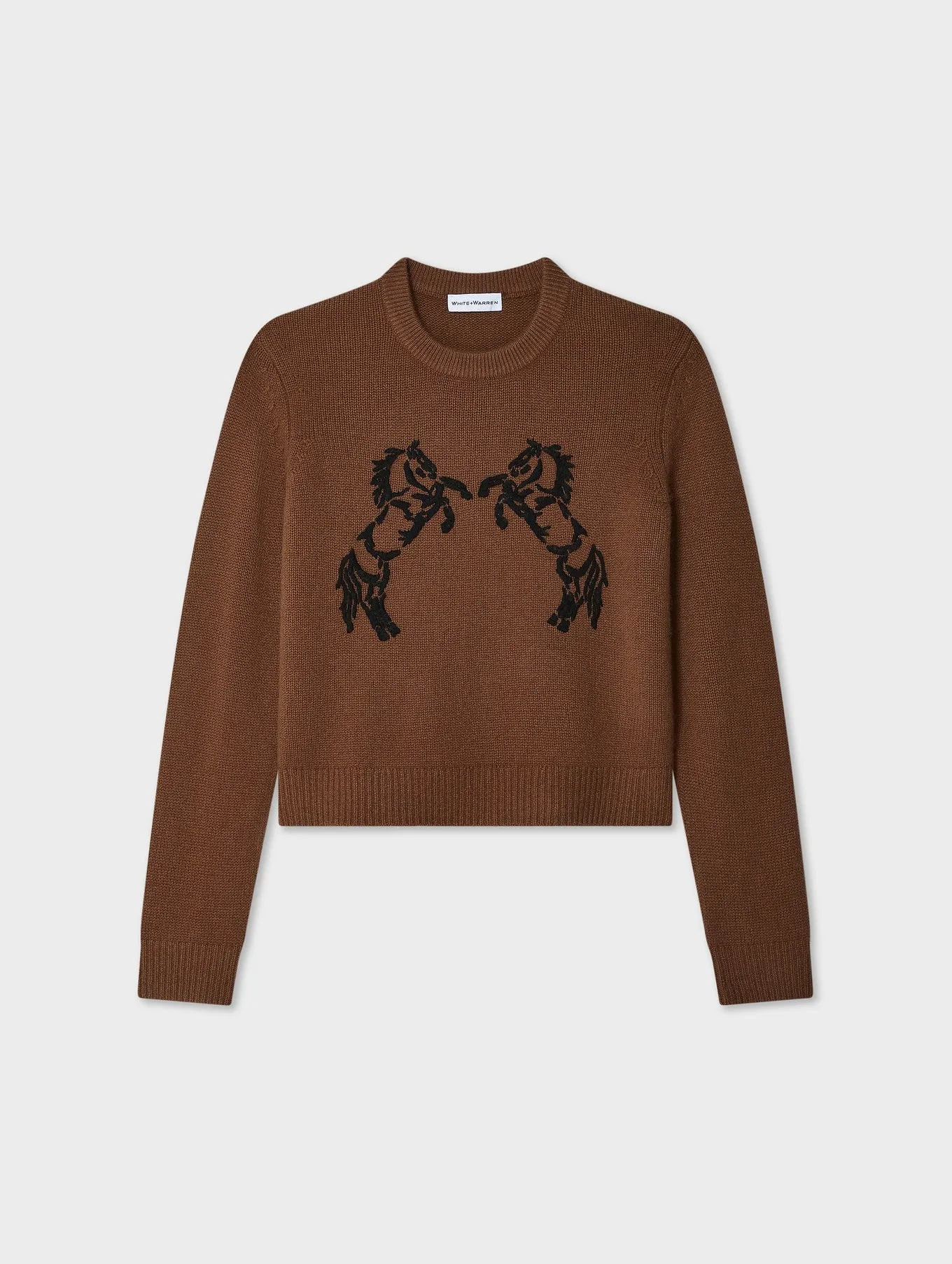 CASHMERE BLEND HORSE EMBROIDERED CREW IN UMBER/BLACK