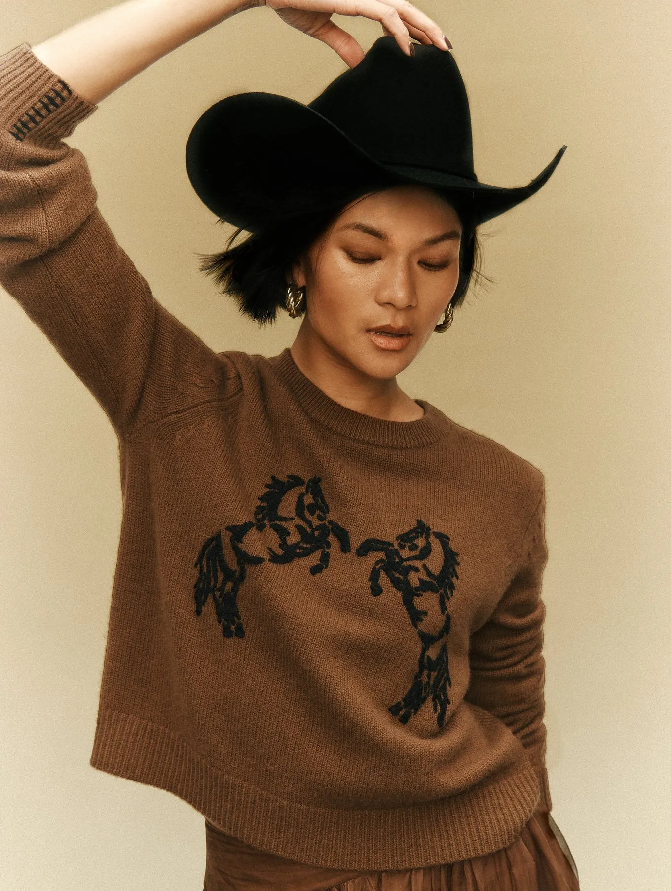 CASHMERE BLEND HORSE EMBROIDERED CREW IN UMBER/BLACK