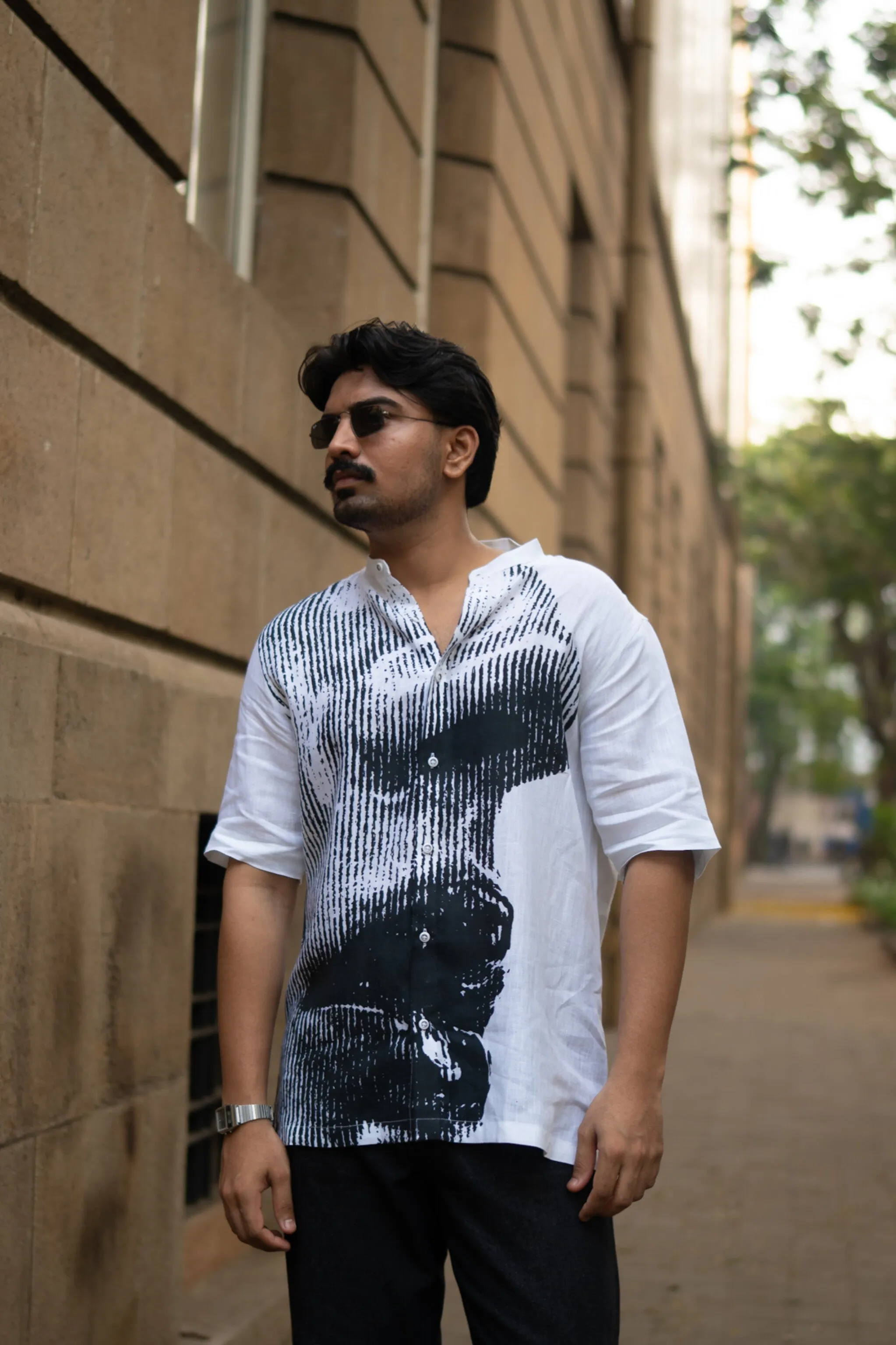 Grayscale Flow Unisex Digital Printed Pure Linen Short Sleeve Shirt - AddysForMen