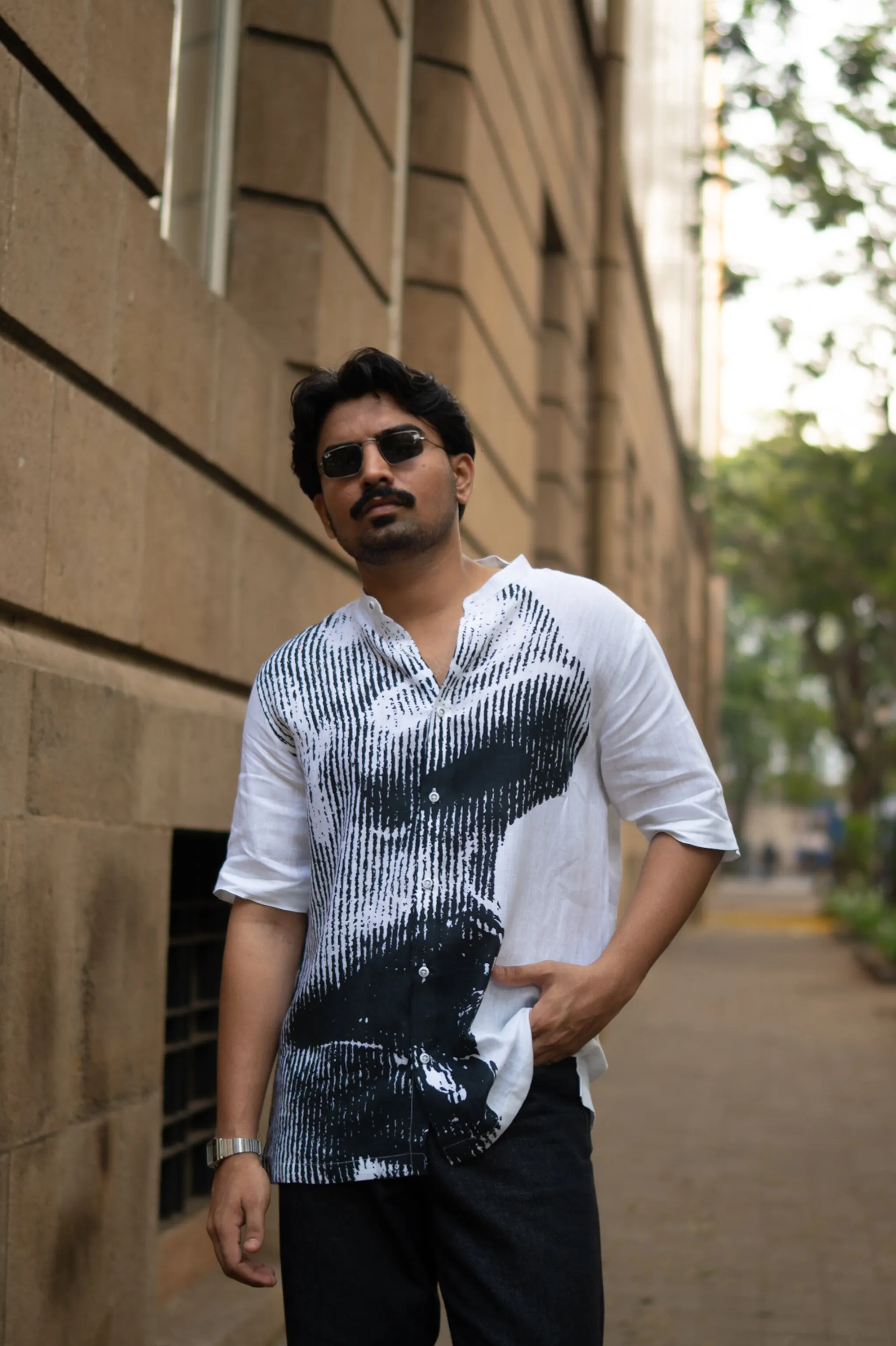Grayscale Flow Unisex Digital Printed Pure Linen Short Sleeve Shirt - AddysForMen