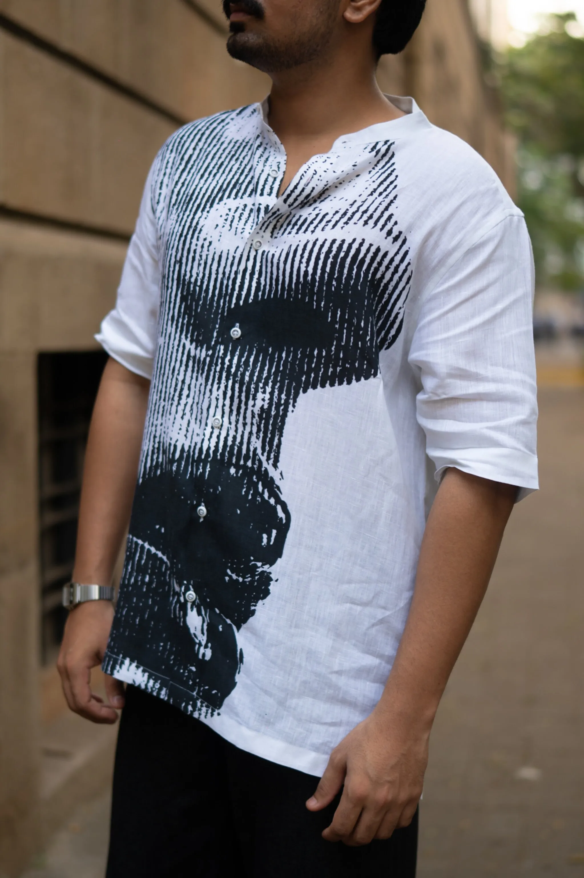 Grayscale Flow Unisex Digital Printed Pure Linen Short Sleeve Shirt - AddysForMen