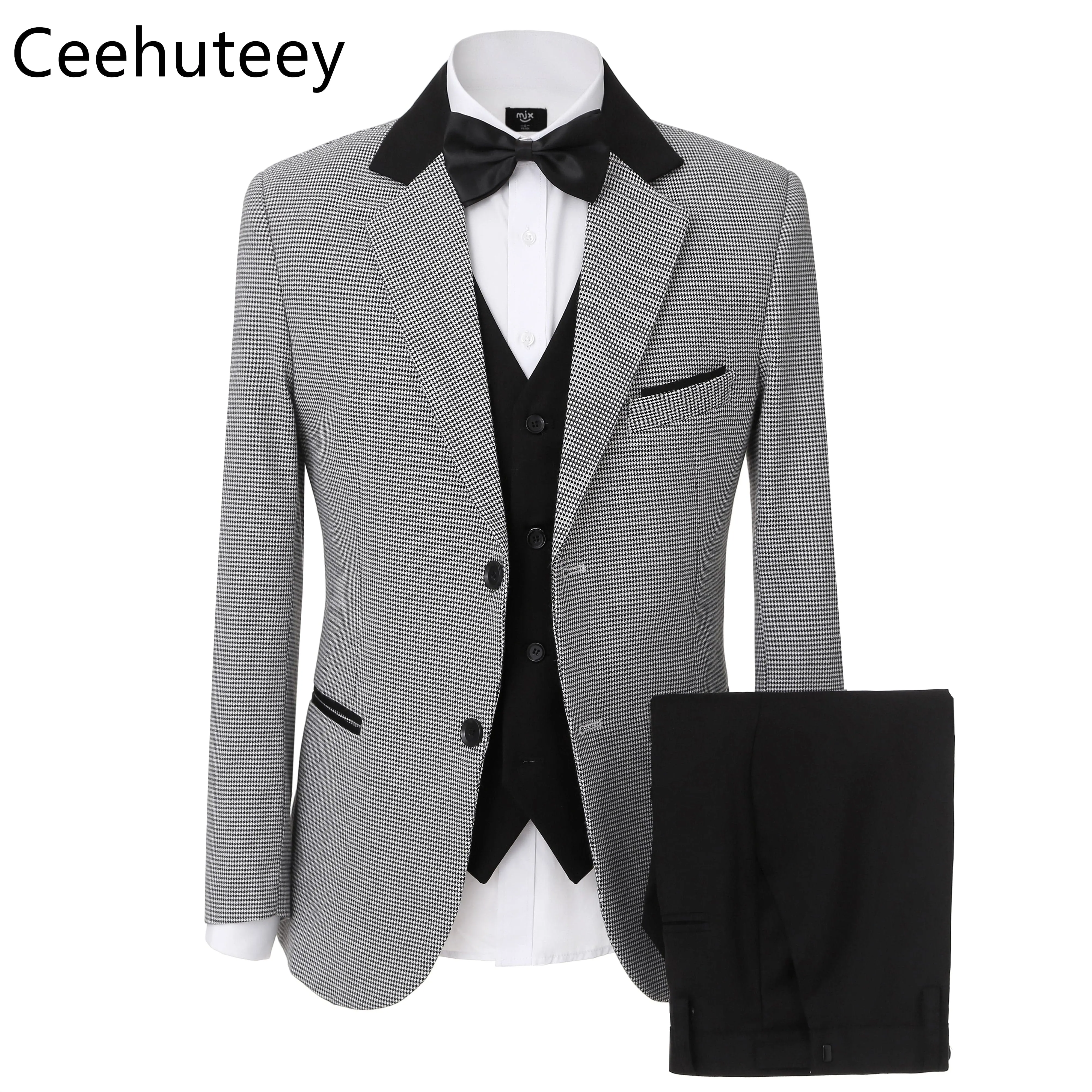 Men's Houndstooth Formal Notch Lapel  for wedding party Tuxedos (Blazer   Vest  Pant)