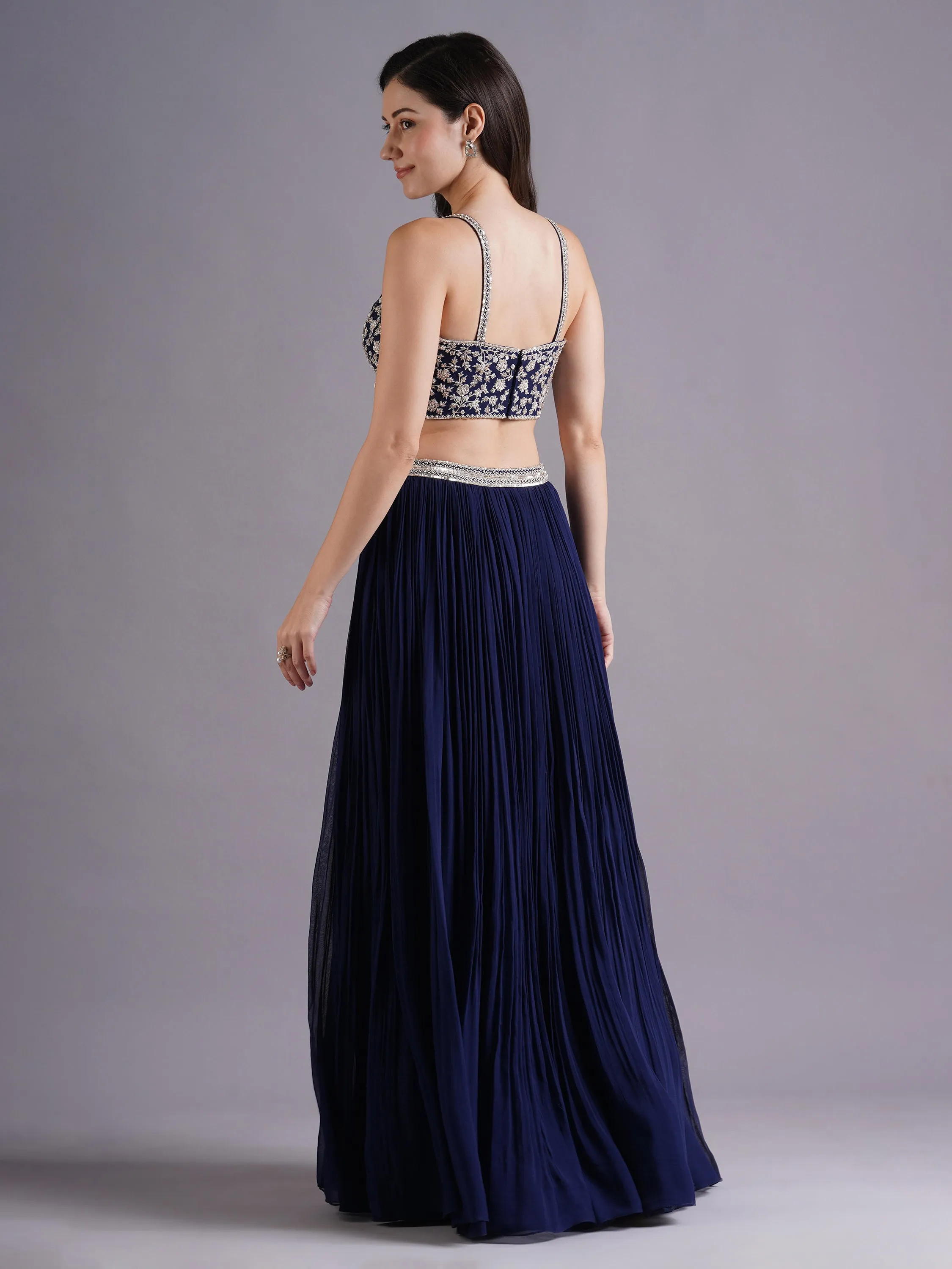 Navy Georgette Strappy Blouse with Pleated Lehenga and Choker Dupatta