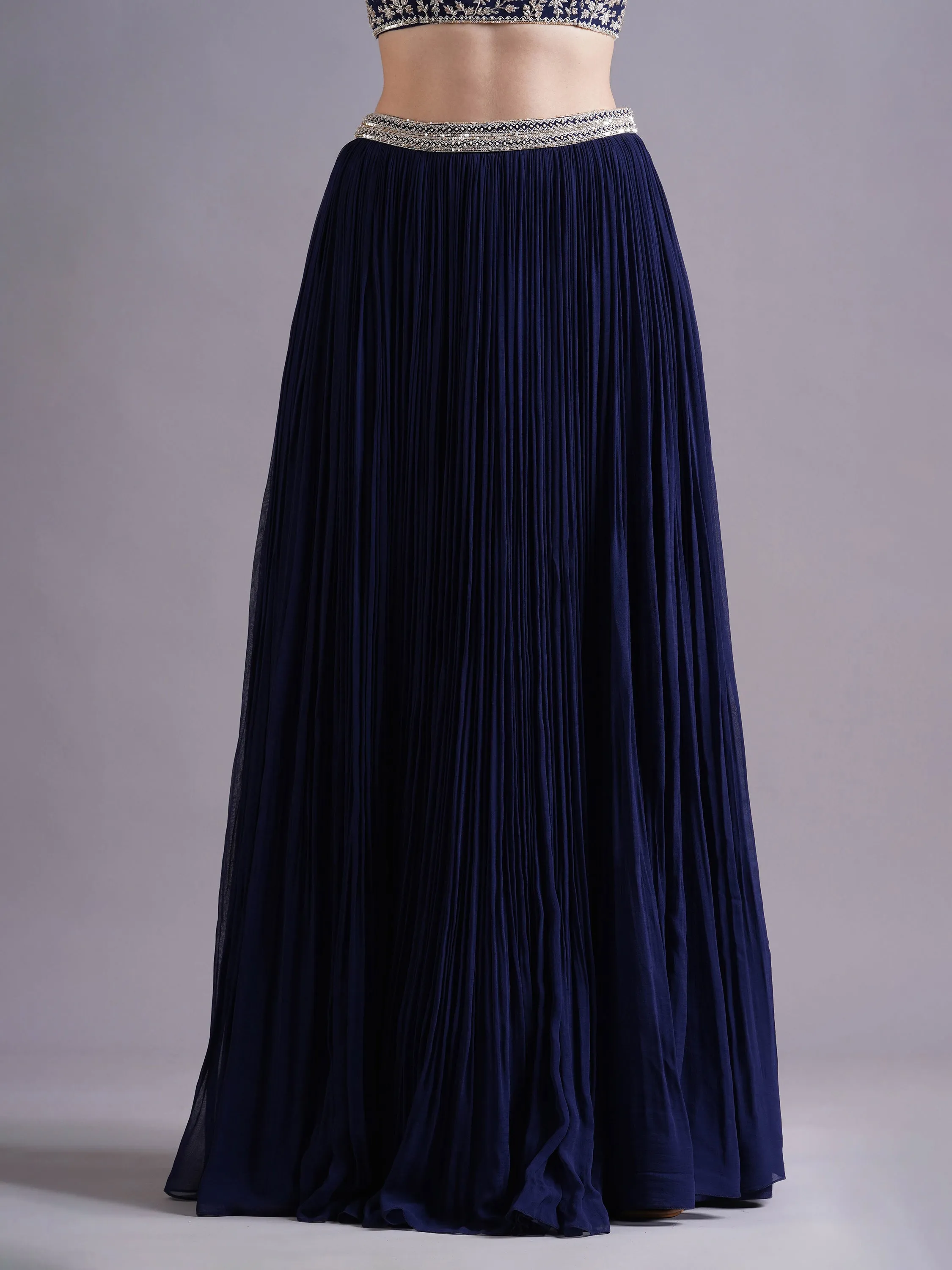 Navy Georgette Strappy Blouse with Pleated Lehenga and Choker Dupatta