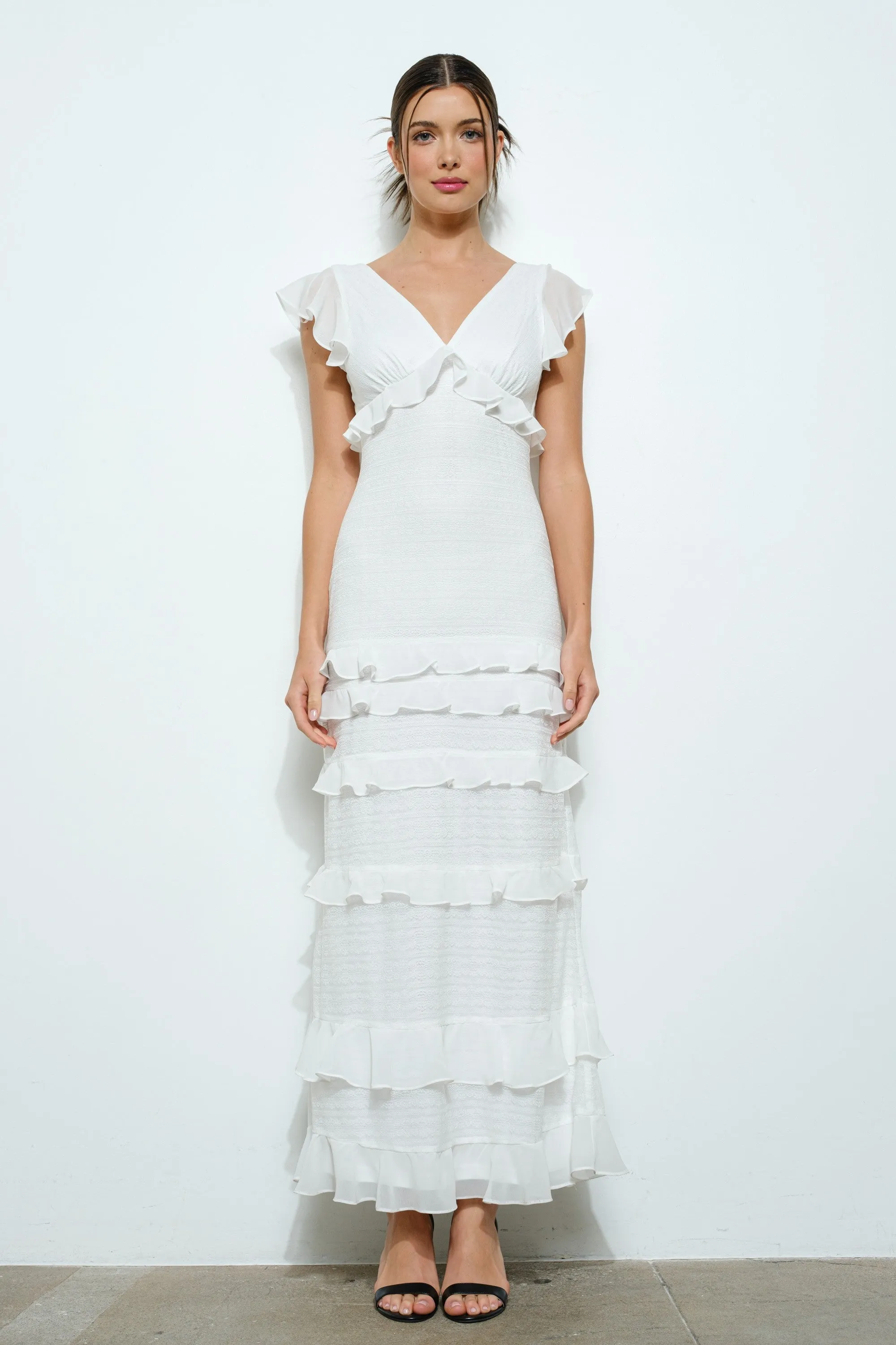 Ruffled Cap Sleeve Tiered Maxi