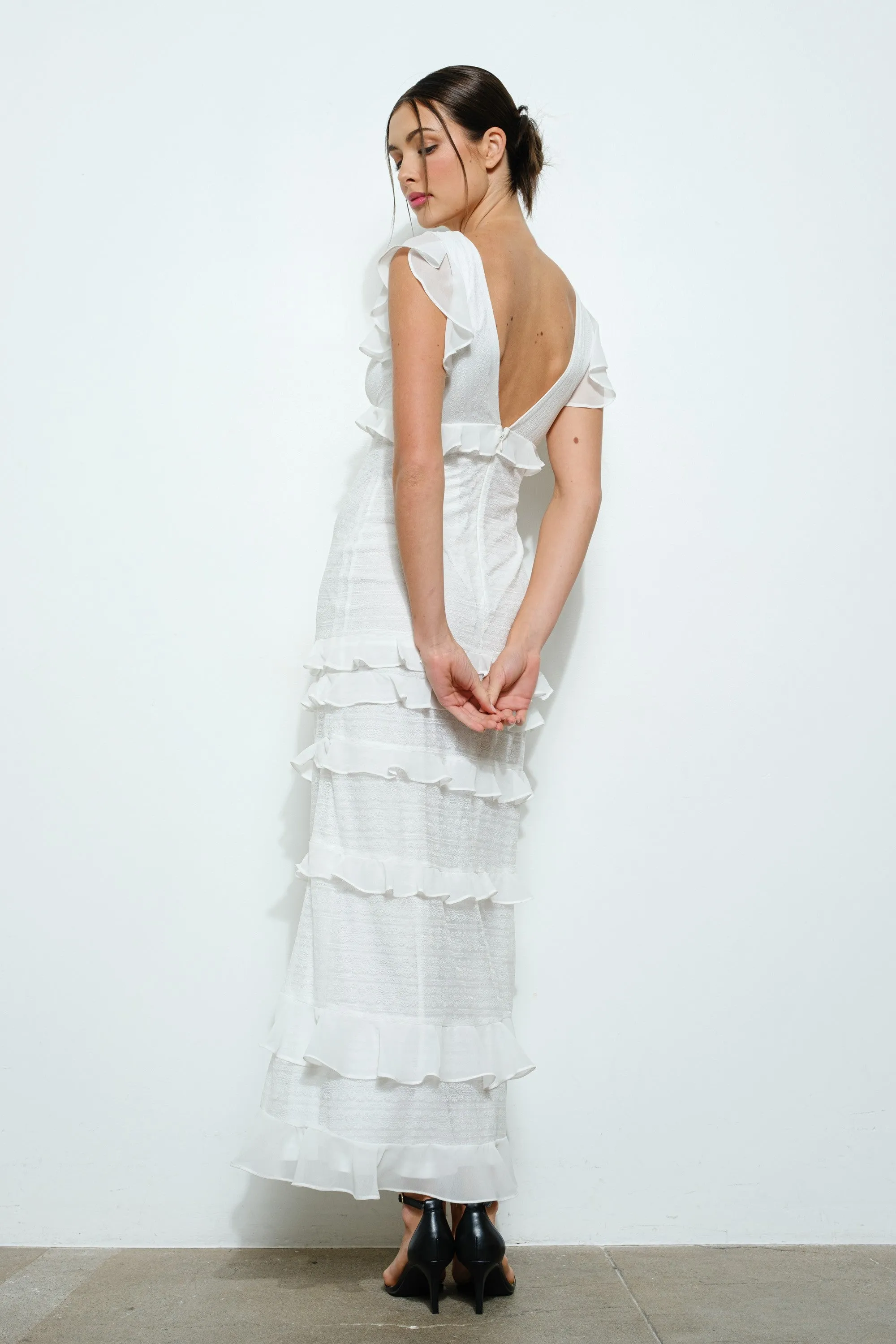 Ruffled Cap Sleeve Tiered Maxi
