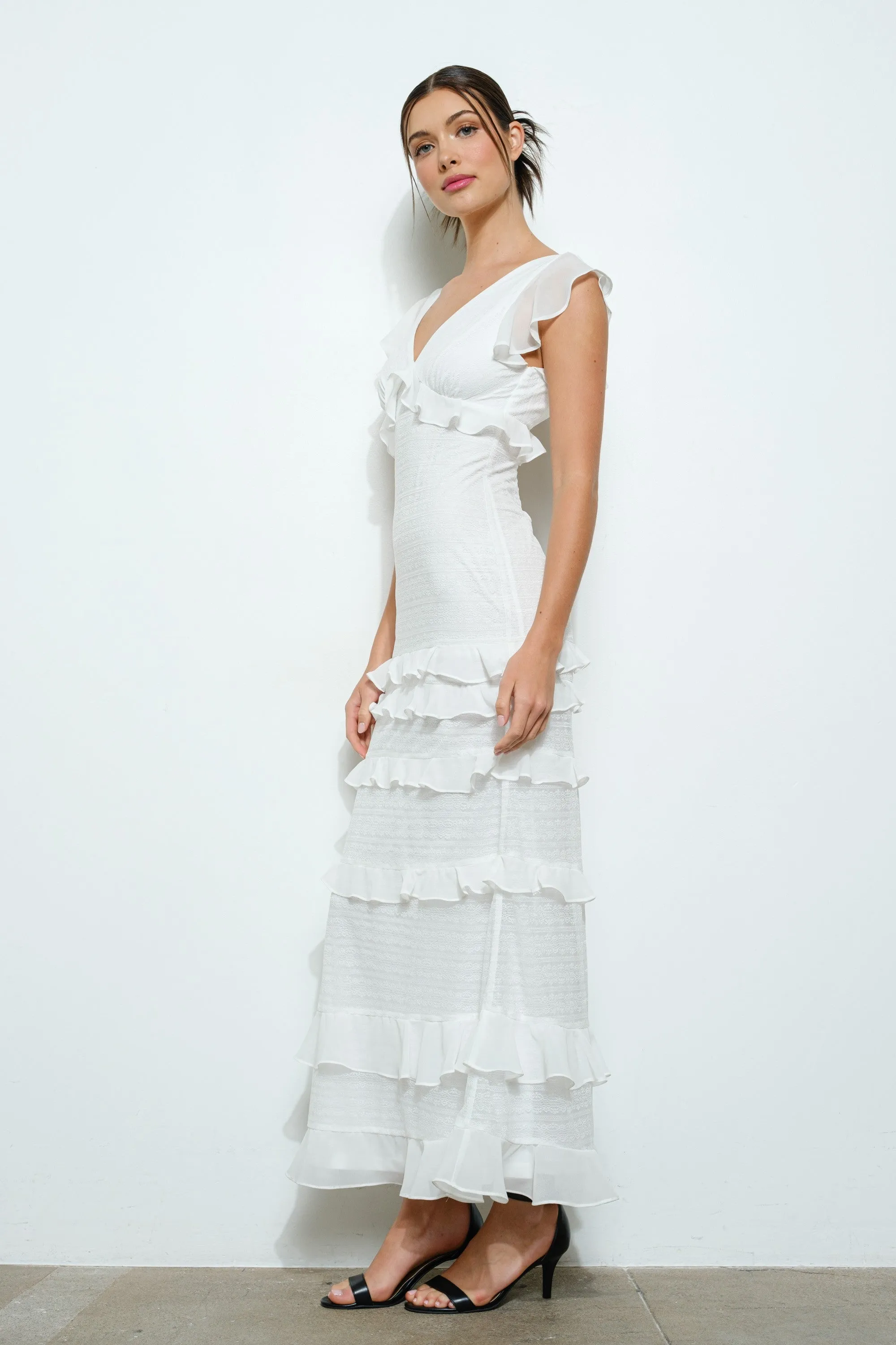 Ruffled Cap Sleeve Tiered Maxi