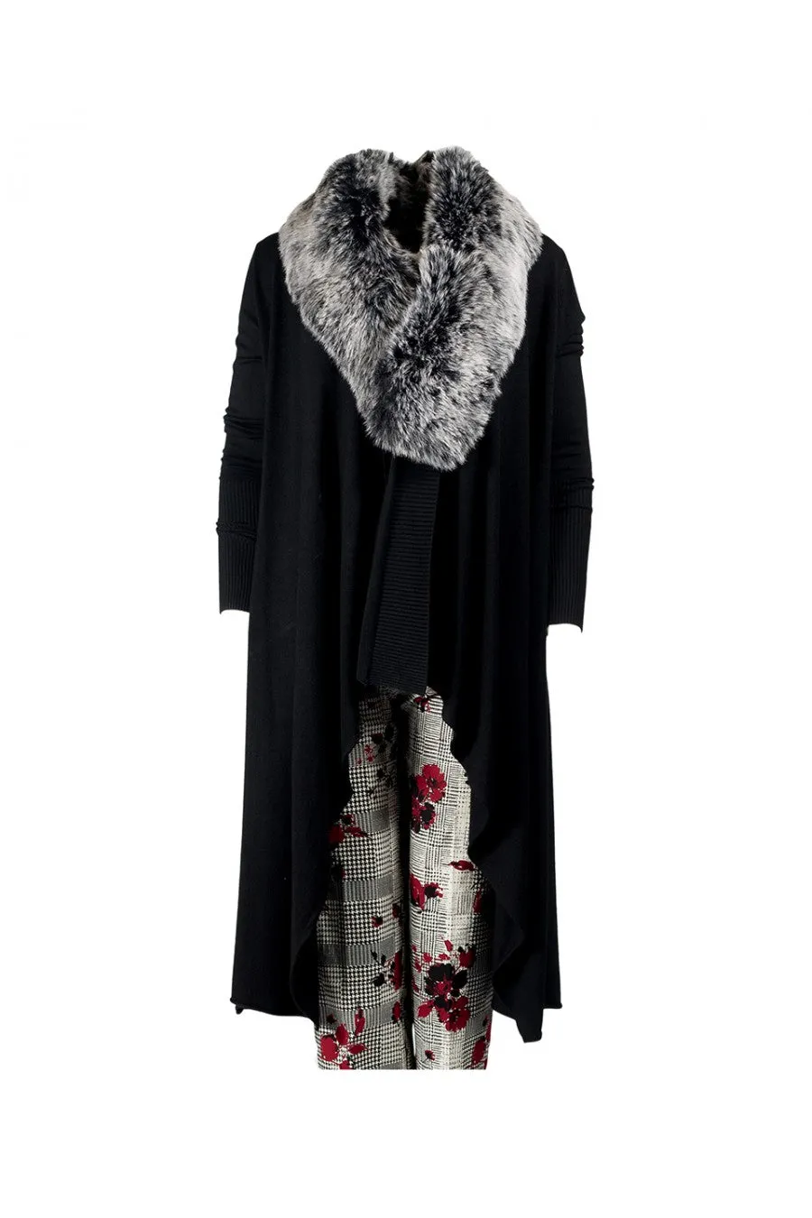 Sioni 10482 041 Long-Sleeve Duster Cardigan with Faux-Fur Collar